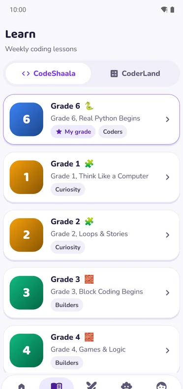 Codewaala Learn screen with Grade 1 to 12 lessons