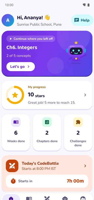 Codewaala home screen showing progress and today’s CodeBattle