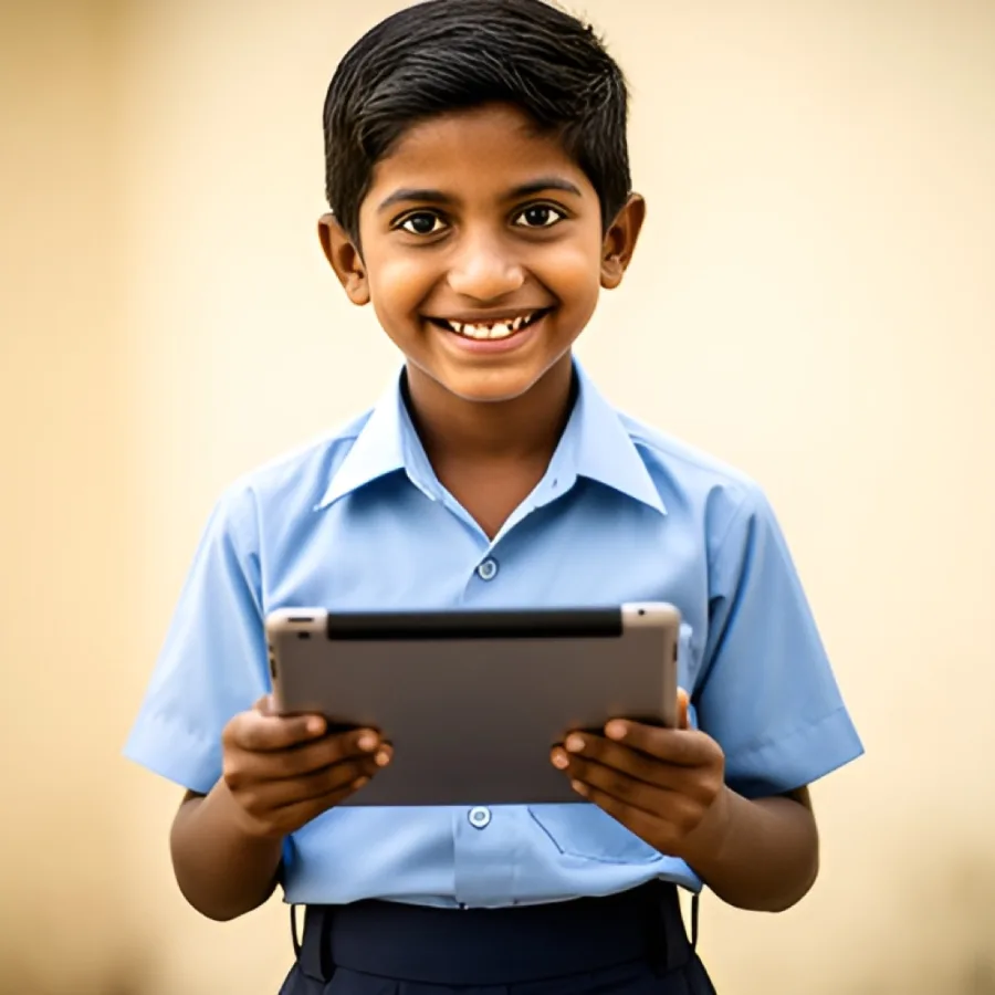 A smiling schoolboy holding a tablet