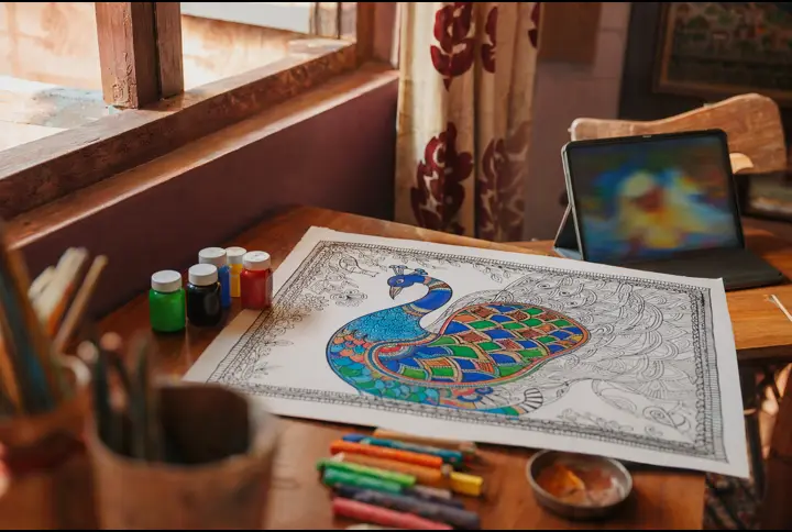 A colourful peacock drawing next to a tablet with AI art