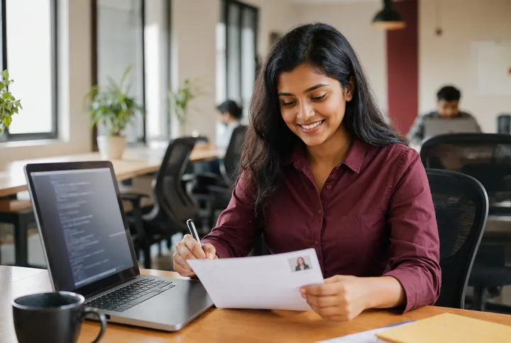 A BCA graduate preparing for a job interview with a laptop and resume