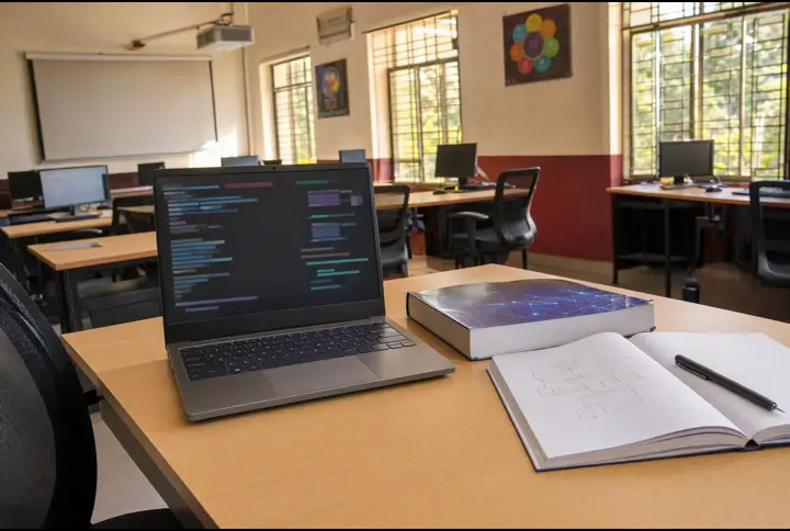 A school computer lab with Python code open on a laptop