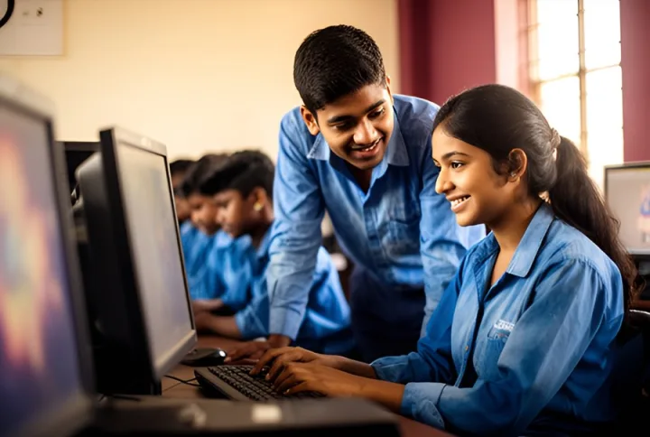 An ITI trainee practising on a computer in a lab