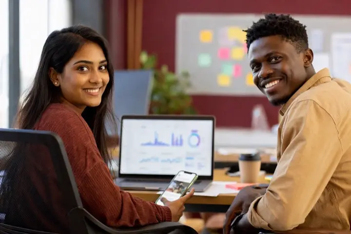Two young marketers planning an ad campaign on a laptop