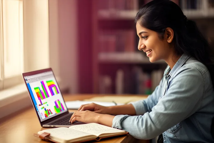 A young woman building a spreadsheet dashboard on her laptop
