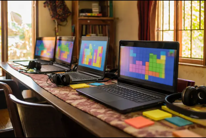 A row of laptops showing a first coding project with sticky notes