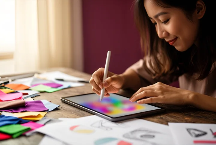 A young designer creating social media graphics with AI