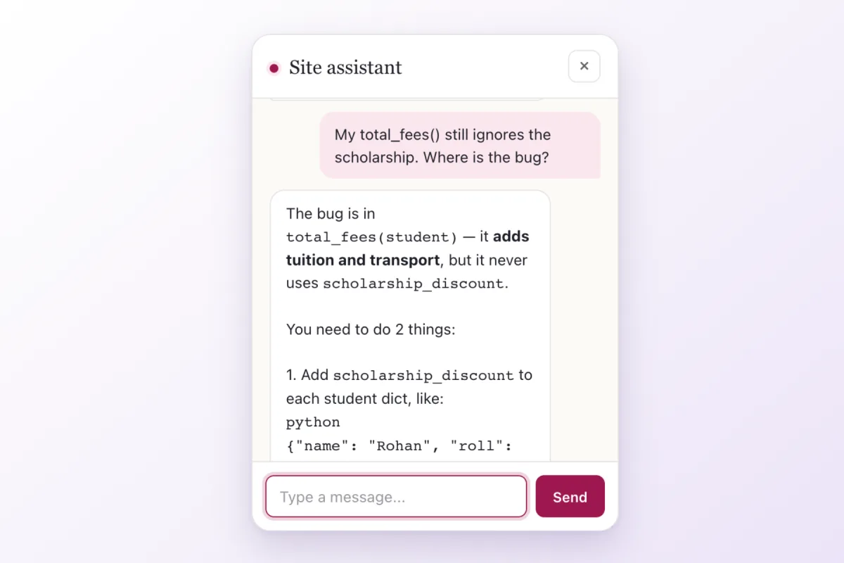 The AI mentor answering a student’s question about a bug with a hint