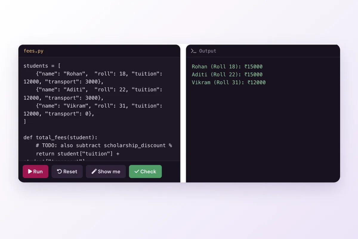 A Python editor and its output, running in the browser