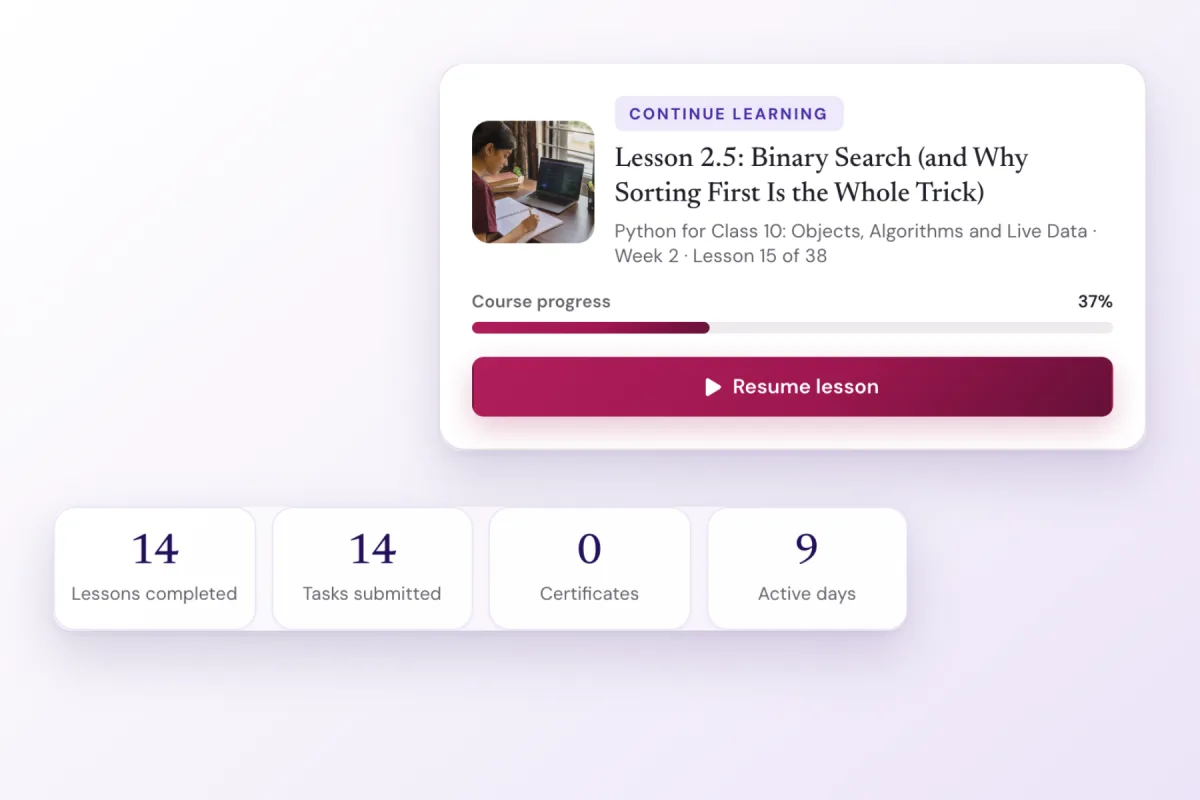 A learner’s dashboard with course progress and a Resume lesson button