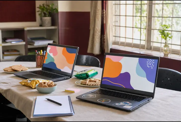 Laptops showing colourful animated web pages on a club table