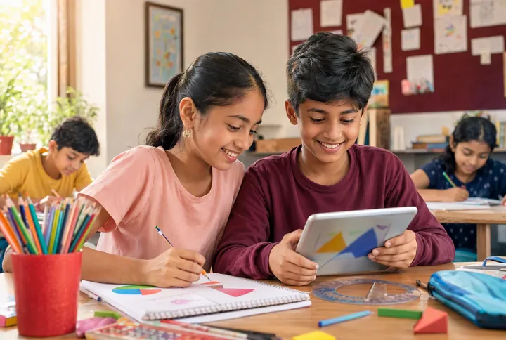 School students exploring geometry shapes on a tablet