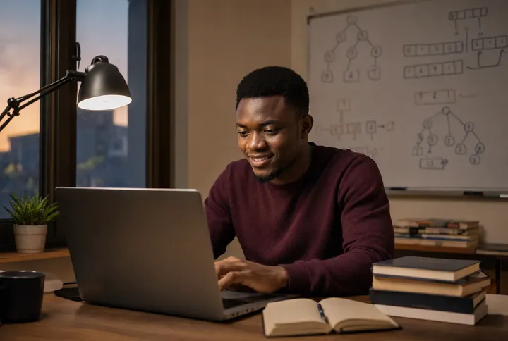 A young developer solving coding interview problems at his desk