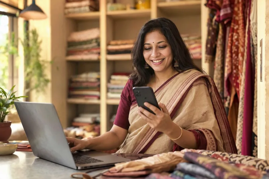 A shop owner using an AI chat on her phone and laptop