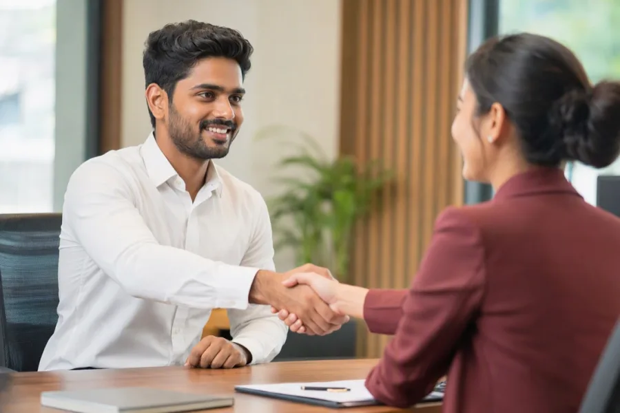 A young graduate shaking hands at a job interview