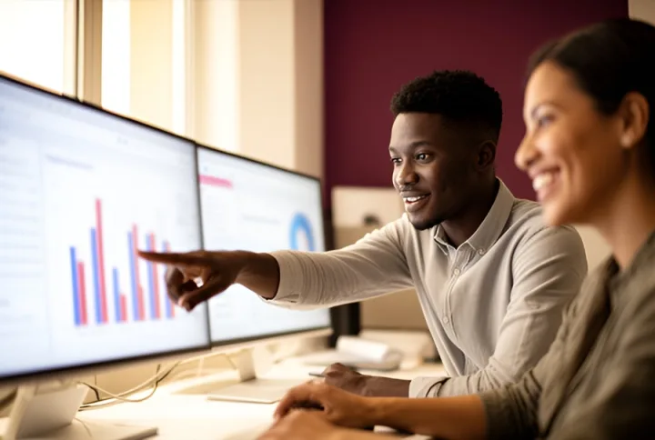 A young professional reviewing business charts on a laptop