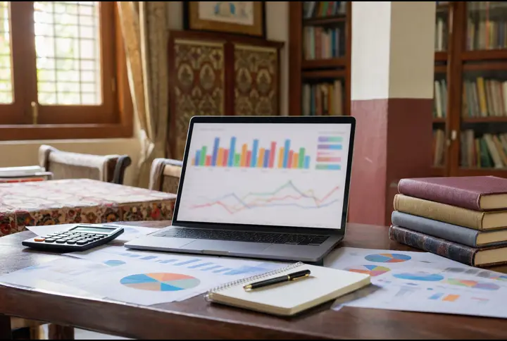 A desk with a laptop showing Python data charts and printed graphs