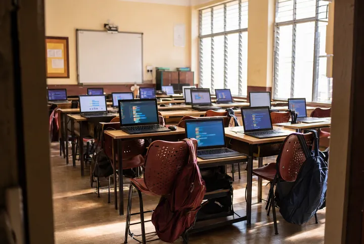 A bright school computer lab with laptops ready for Python