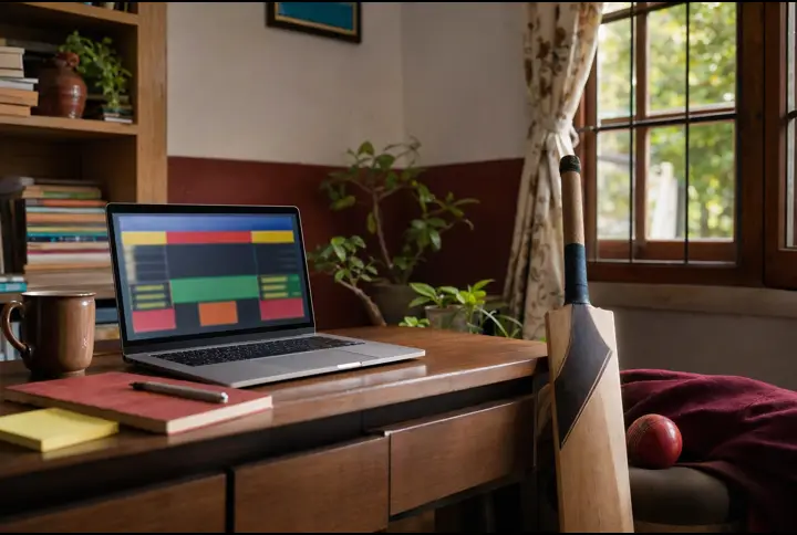 A study desk with a laptop showing a small Python game
