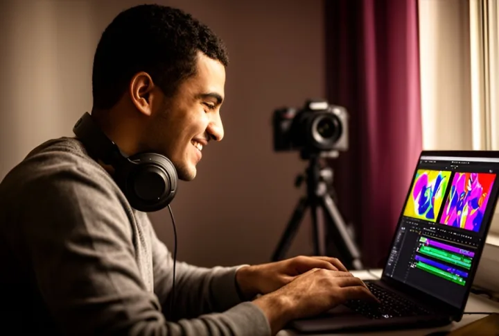 A creator editing a video on a laptop