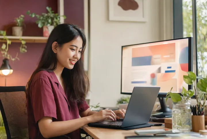 A young web developer designing a website on a laptop