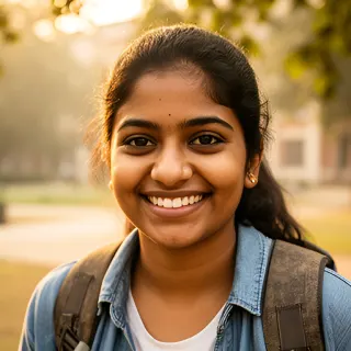 A smiling young woman student with a backpack on a college campus