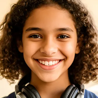 A smiling teenage girl student with headphones