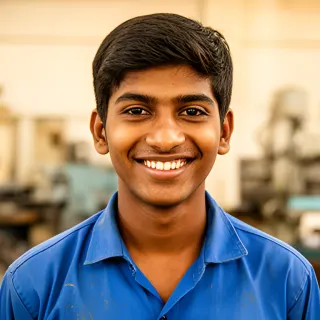 A smiling ITI trainee in a blue uniform in a workshop