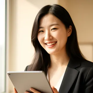 A smiling young professional woman holding a tablet