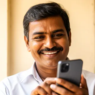 A smiling shopkeeper learning on a smartphone