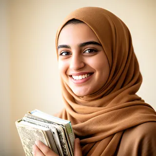 A smiling university student in a hijab holding notebooks